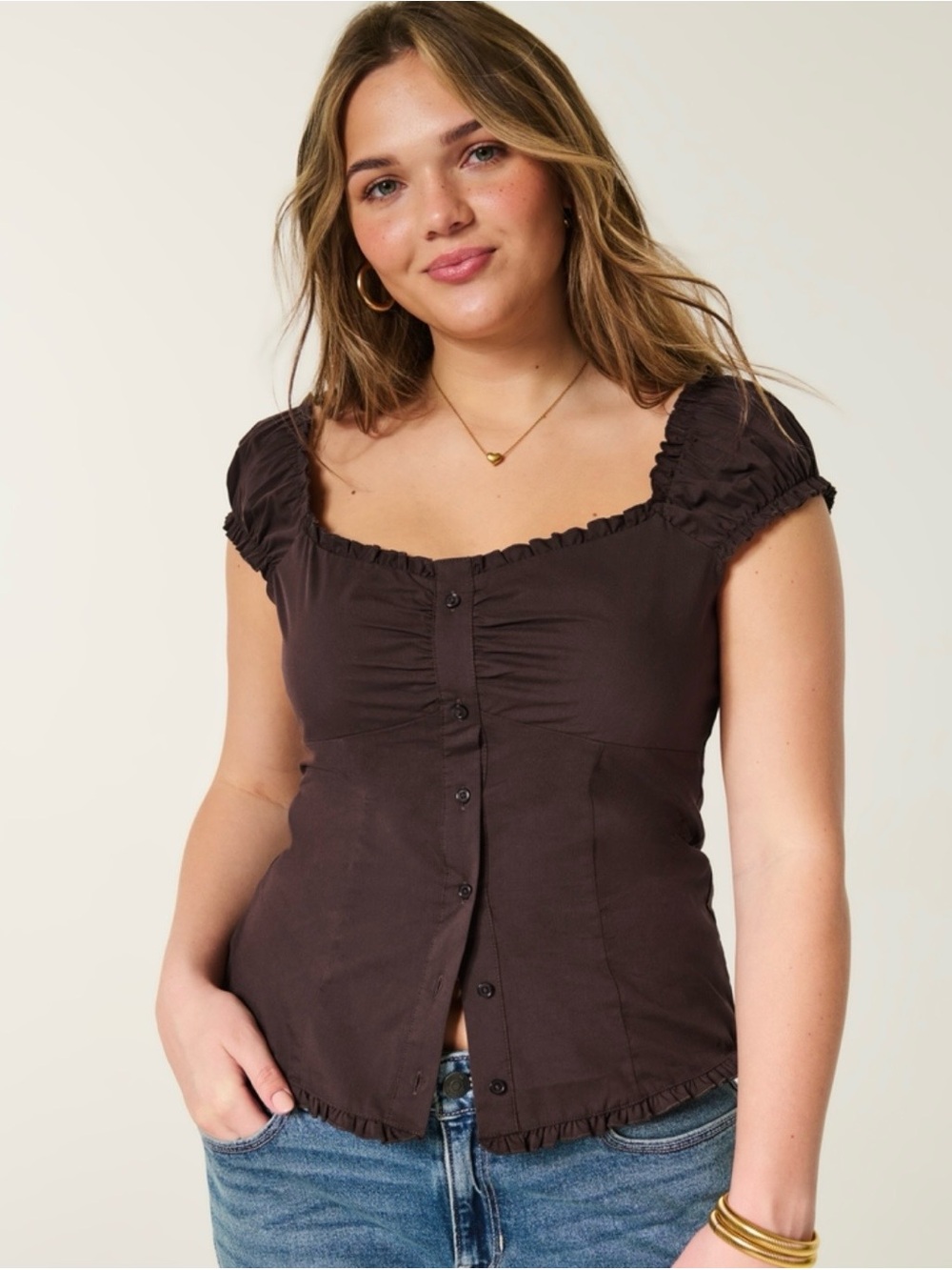 Hollister Brown Off the Shoulder Button Through Top
